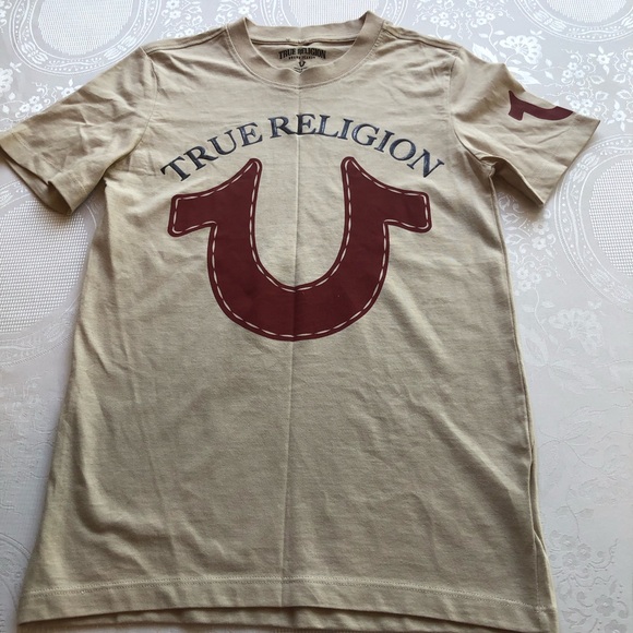 True Religion Girls Size M Tan Logo Graphic T-Shirt Short Sleeves Slim-Fit Tee - Picture 12 of 12